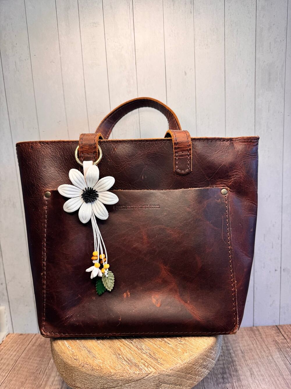 White Summer Daisy Purse Charm Genuine Leather Summer Flower Bag Charm NEW!